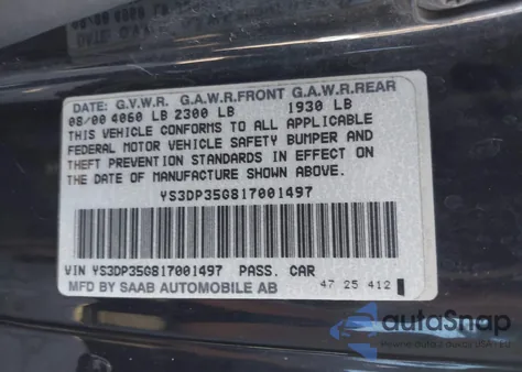 2001 Saab 9-3 Viggen from USA, damaged, VIN YS3DP35G817001497